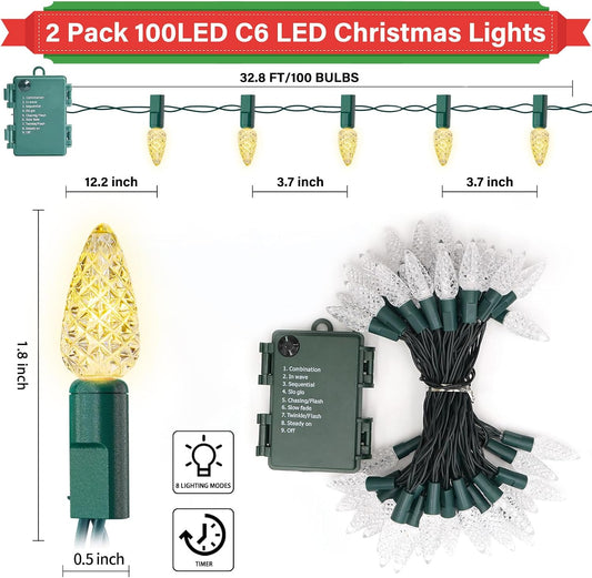 2 Pack 100 LED C6 Christmas Lights Battery Operated, 16.4FT C6 Christmas Lights Battery Powered with Timer, 8 Modes, Waterproof for Indoor Outdoor Patio Party Christmas Decor Warm White