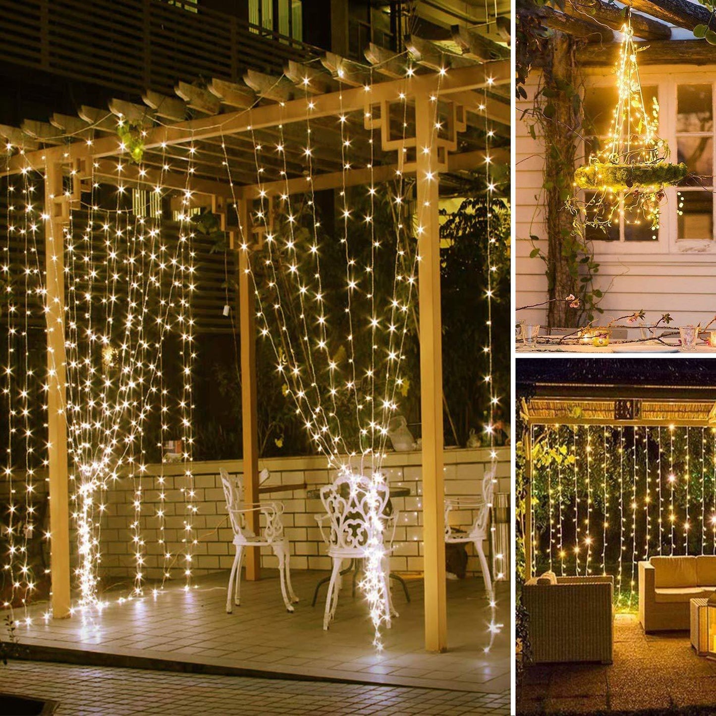 3m x 3m 300 LED Warm White Curtain Lights with 8 Modes