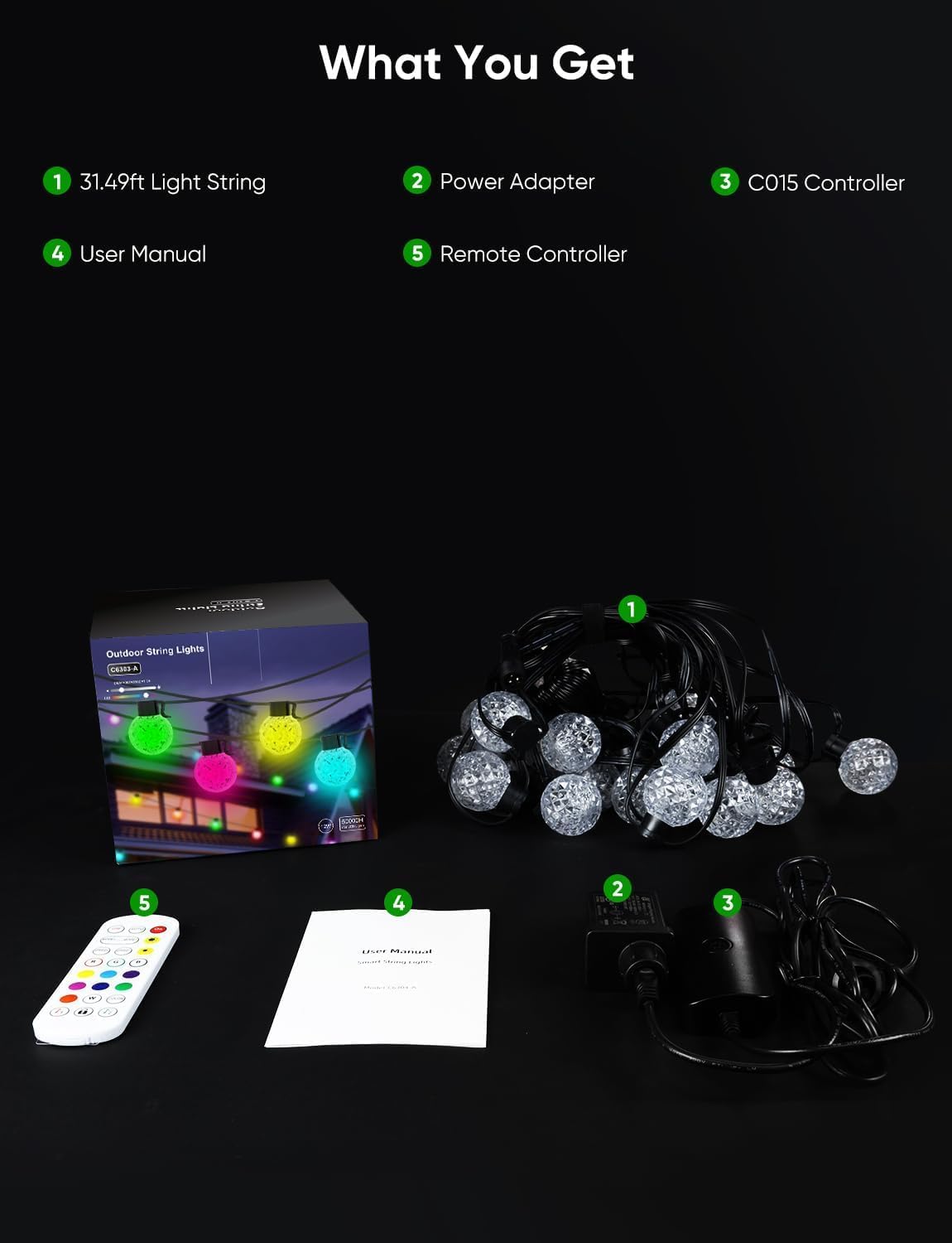 50ft RGB Outdoor String Lights Waterproof with 25 LED Dimmable Bulbs
