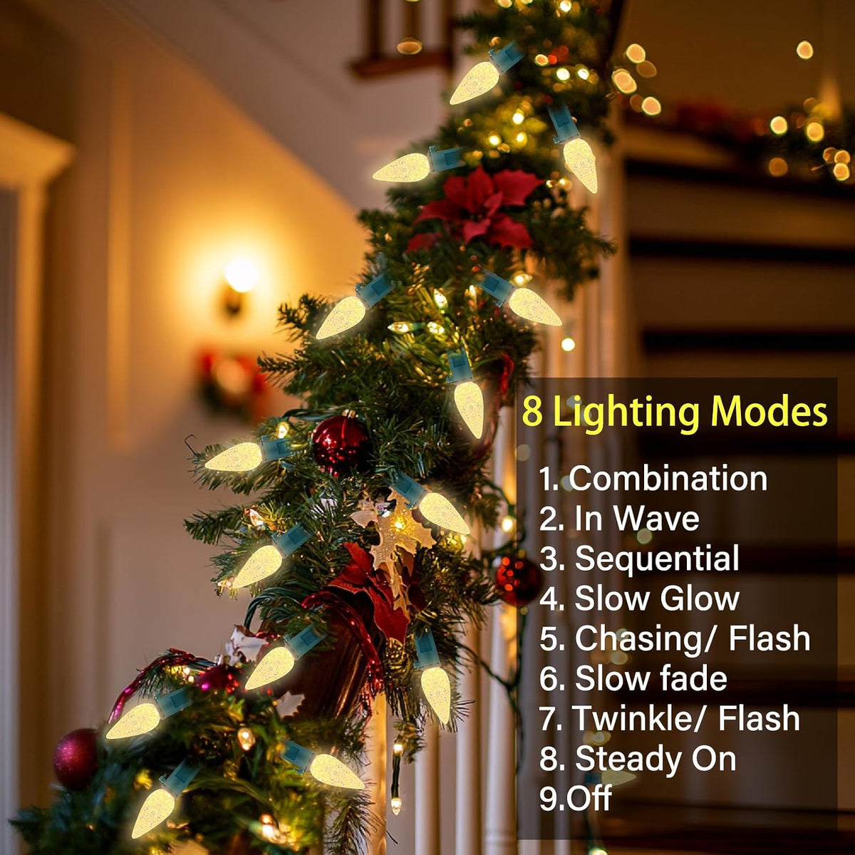 2 Pack 100 LED C6 Christmas Lights Battery Operated, 16.4FT C6 Christmas Lights Battery Powered with Timer, 8 Modes, Waterproof for Indoor Outdoor Patio Party Christmas Decor Warm White