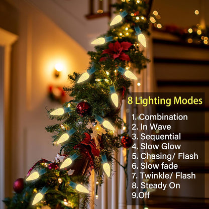 2 Pack 100 LED C6 Christmas Lights Battery Operated, 16.4FT C6 Christmas Lights Battery Powered with Timer, 8 Modes, Waterproof for Indoor Outdoor Patio Party Christmas Decor Warm White