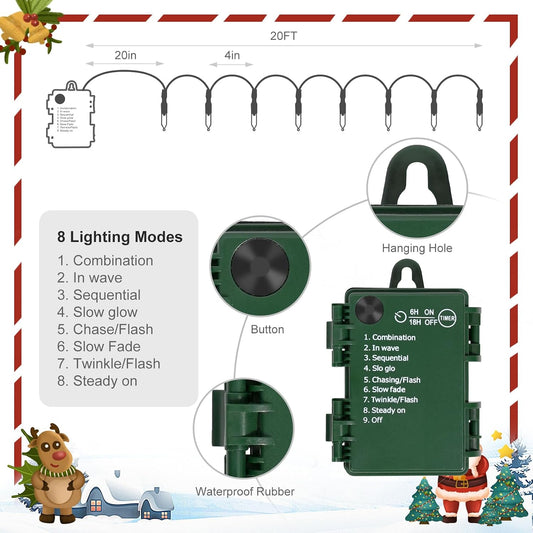 Battery Operated Christmas Lights, 2 Pack 18 FT 50 LED Each Clear Mini String Lights, 8 Modes with Timer Waterproof Tree Lights for Xmas Indoor Outdoor Holiday Home Decor, Multicolor
