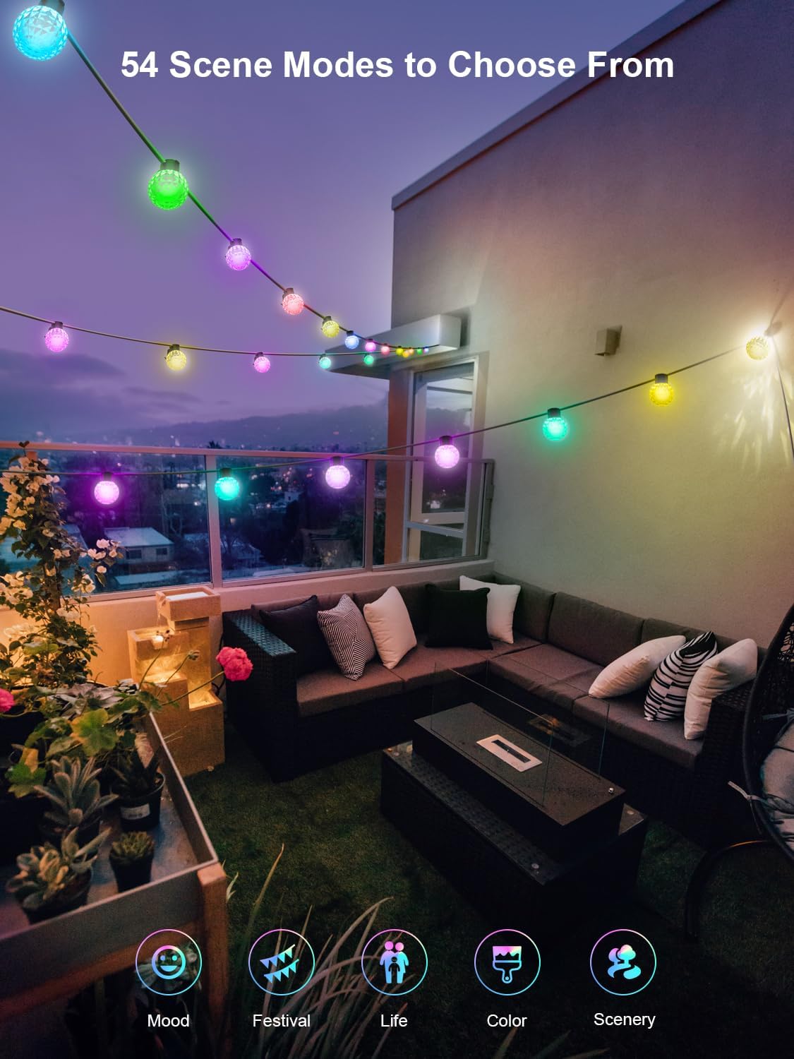 50ft RGB Outdoor String Lights Waterproof with 25 LED Dimmable Bulbs