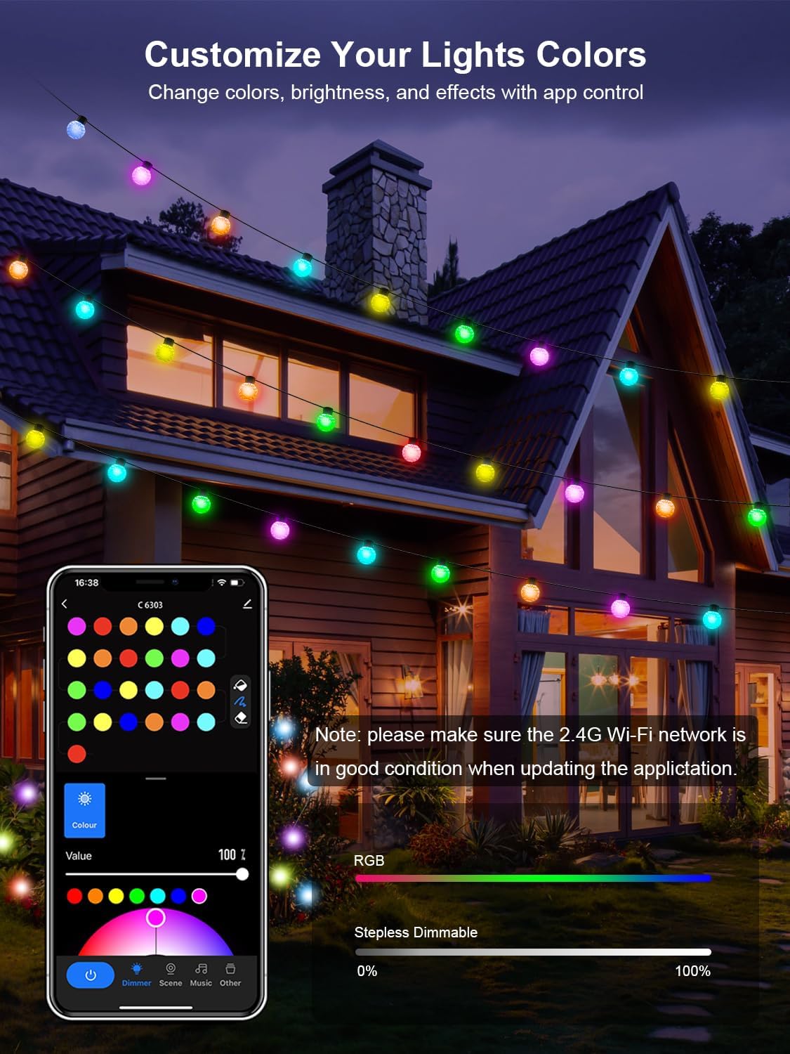 50ft RGB Outdoor String Lights Waterproof with 25 LED Dimmable Bulbs