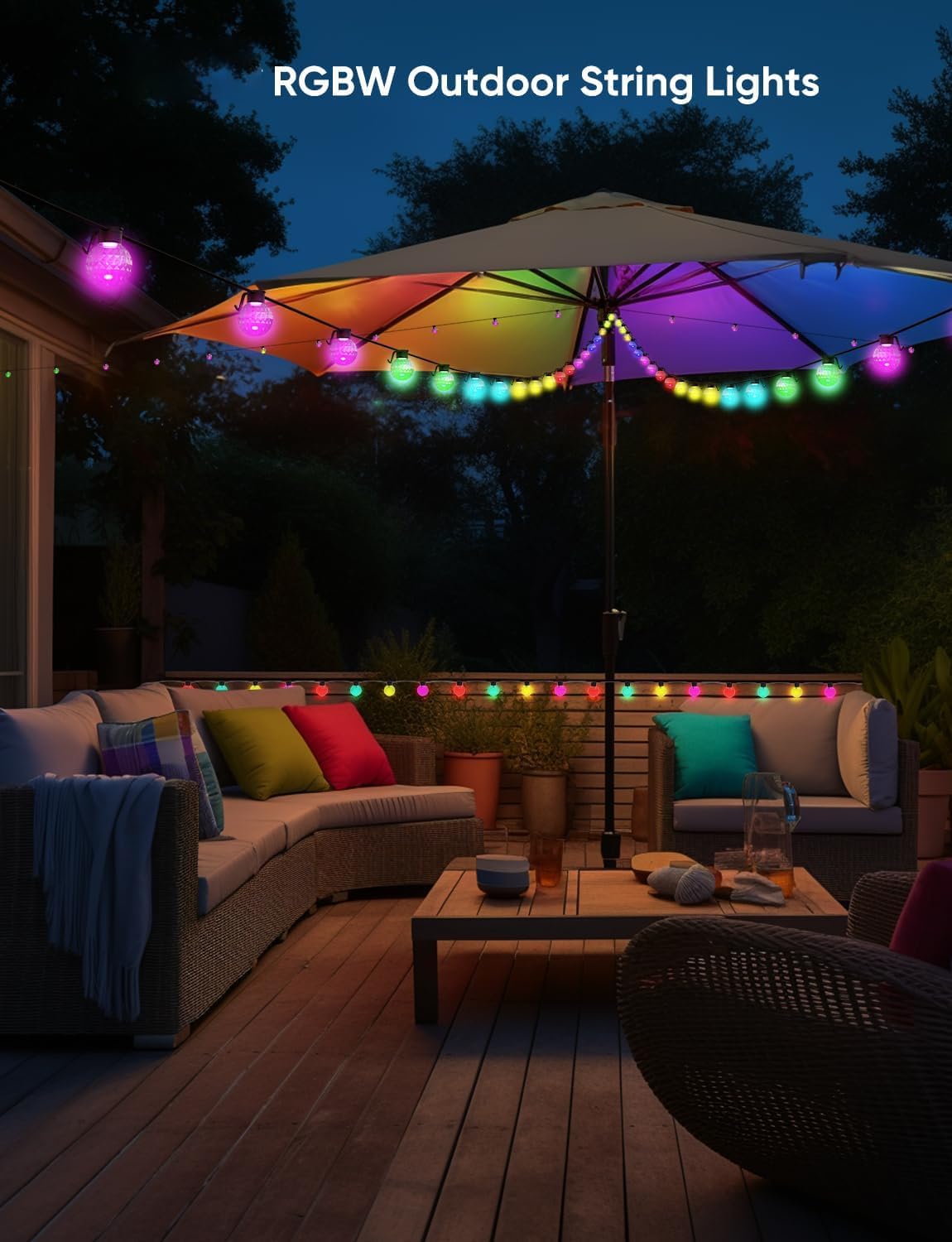 50ft RGB Outdoor String Lights Waterproof with 25 LED Dimmable Bulbs