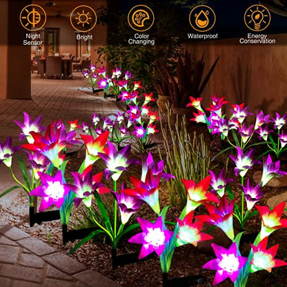 4-Pack Solar Lily Flower Garden Stake Lights – Color Changing
